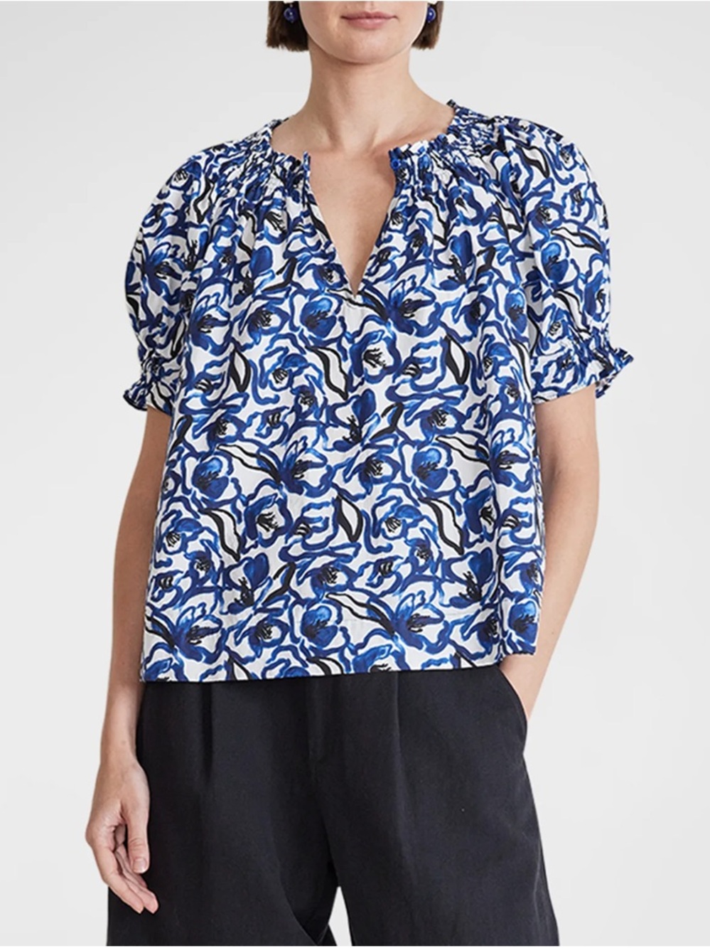 Apiece Apart Kasin Floral Print Puff Sleeve Top XS Blue Floral